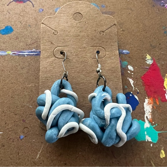 White and Blue Messy Ball Earrings - Picture 1 of 5